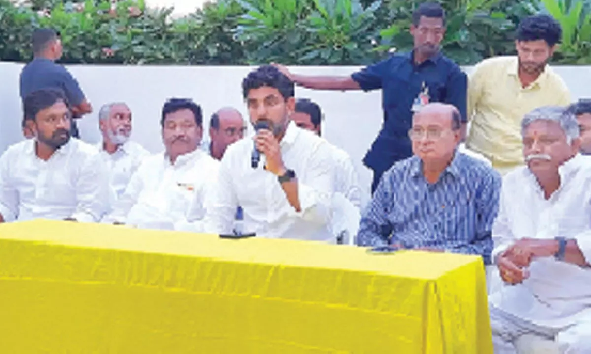 TDP national general secretary Nara Lokesh along with party leaders addressing a press  conference in Rajamahendravaram on Monday