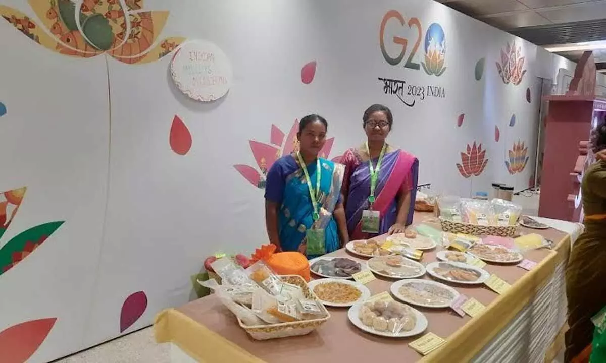 Millet sisters Ulli Jyothi and Rajeswari from LTP FPO, Chintapalli, exhibited their millet-based products at a stall at the G20 Summit held in New Delhi