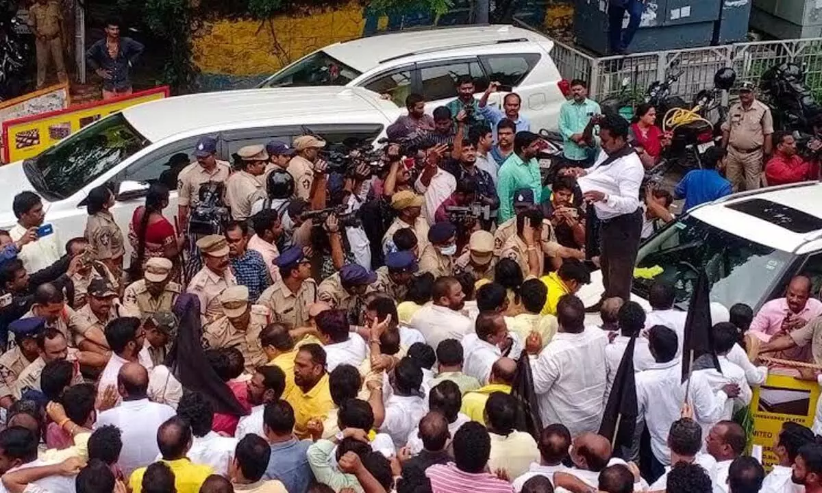 Police blocking the TDP leaders rally in Visakhapatnam on Tuesday.