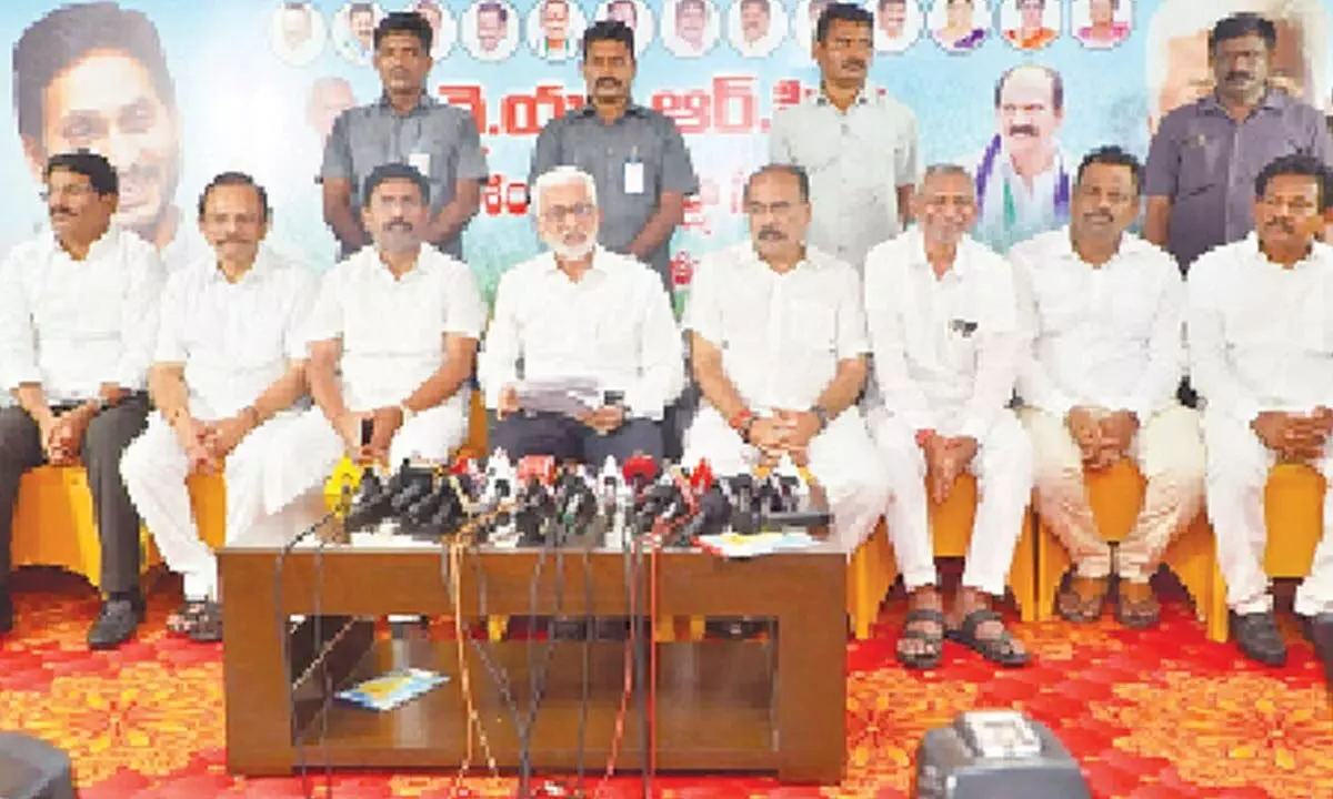 YSRCP regional coordinator V Vijayasai Reddy speaking in a press meet in Ongole on Tuesday