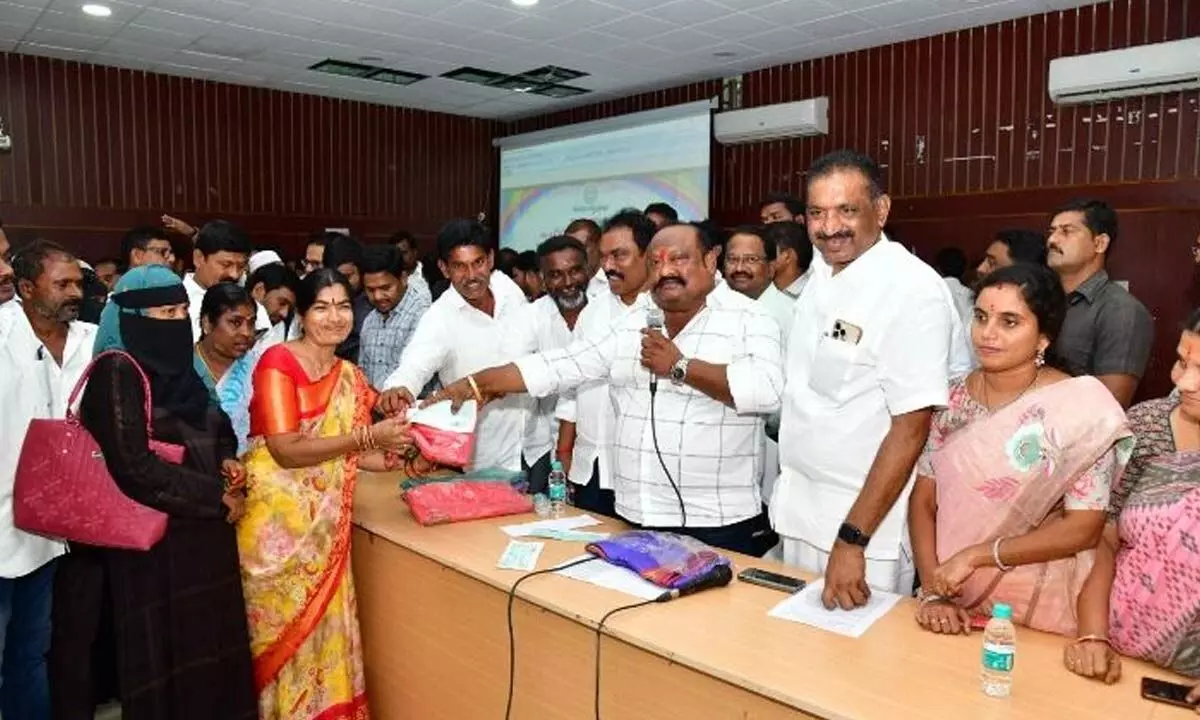 Minister G Kamalakar distributed cheques to 268 Kalyana Lakshmi and Shadi Mubarak beneficiaries in Karimnagar on Tuesday.