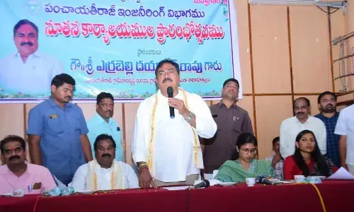 Minister for Panchayat Raj and Rural Development Errabelli Dayakar Rao speaking  at the launch of new Panchayat Raj Engineering Department (PRED) circles in Hanumakonda on Monday
