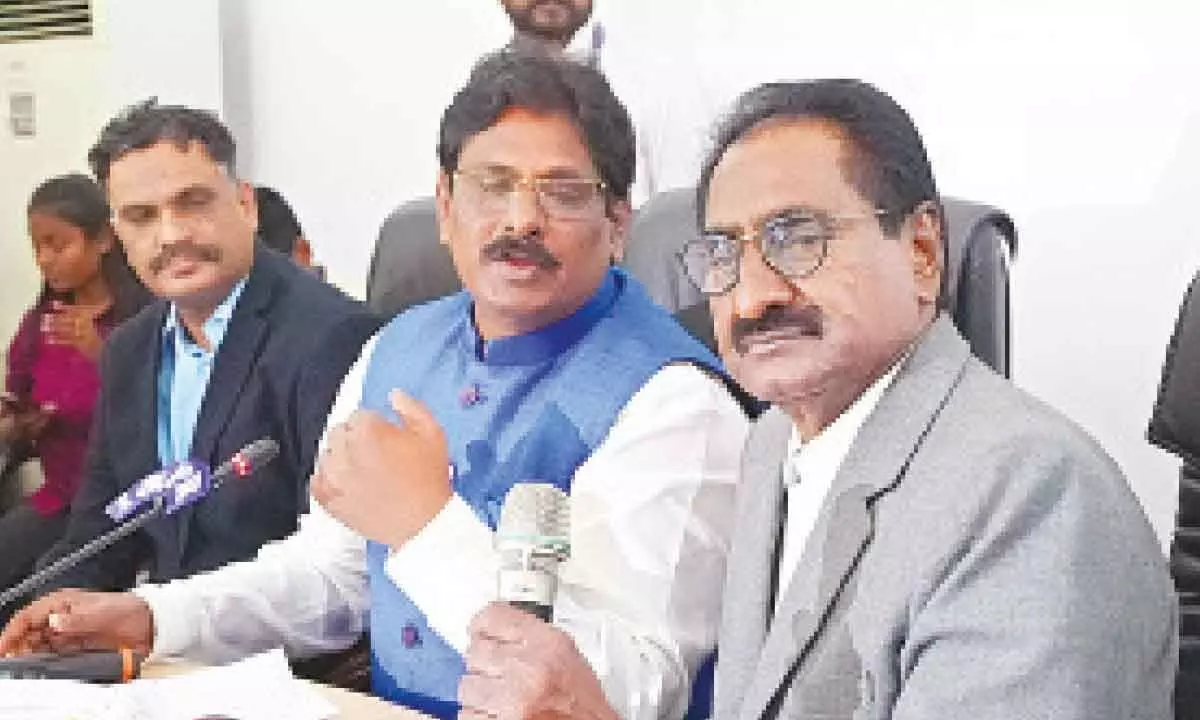 Additional advocate general of Andhra Pradesh Ponnavolu Sudhakar Reddy and Addl DGP of CID N Sanjay addressing a press conference in Hyderabad on Thursday