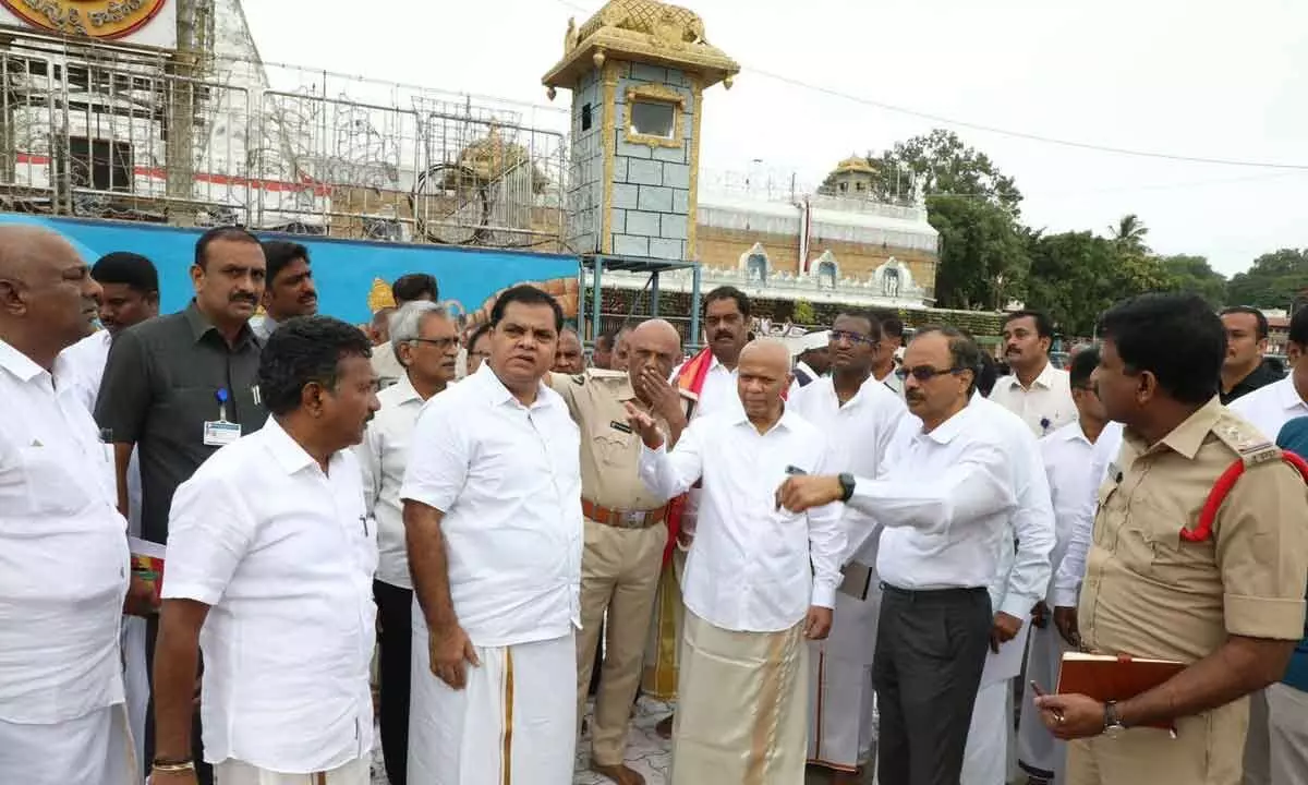 TTD EO AV Dharma Reddy inspecting arrangements for the Brahmotsavam at Tirumala on Thursday