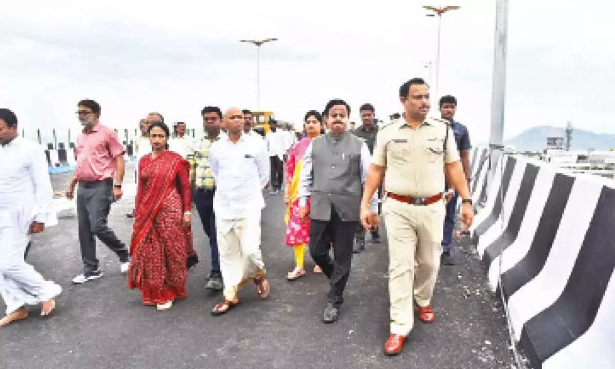 TTD EO A V Dharma Reddy, District Collector K Venkataramana Reddy, SP P Parameswar Reddy and other officials inspecting Srinivasa Sethu flyover to be inaugurated by the CM, in Tirupati on Thursday