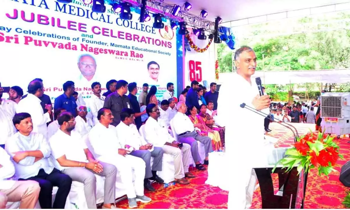 Minister for Health and Finance T Harish Rao speaking at Mamata Medical College silver jubilee celebrations in Khammam on Thursday.