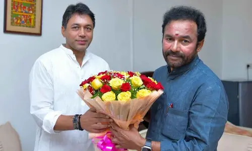 Atmakuru MLA Mekapati Vikram Reddy with Union Tourism and Cultural Development Minister Kishan Reddy in Hyderabad on Thursday