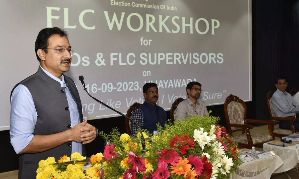 Chief Electoral Officer Mukesh Kumar Meena addressing  a workshop in Vijayawada on Saturday