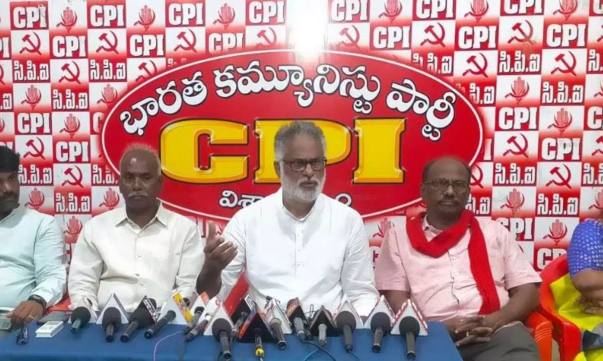 CPI state assistant secretary J V Satyanarayana Murthy addressing the media in Visakhapatnam on Saturday