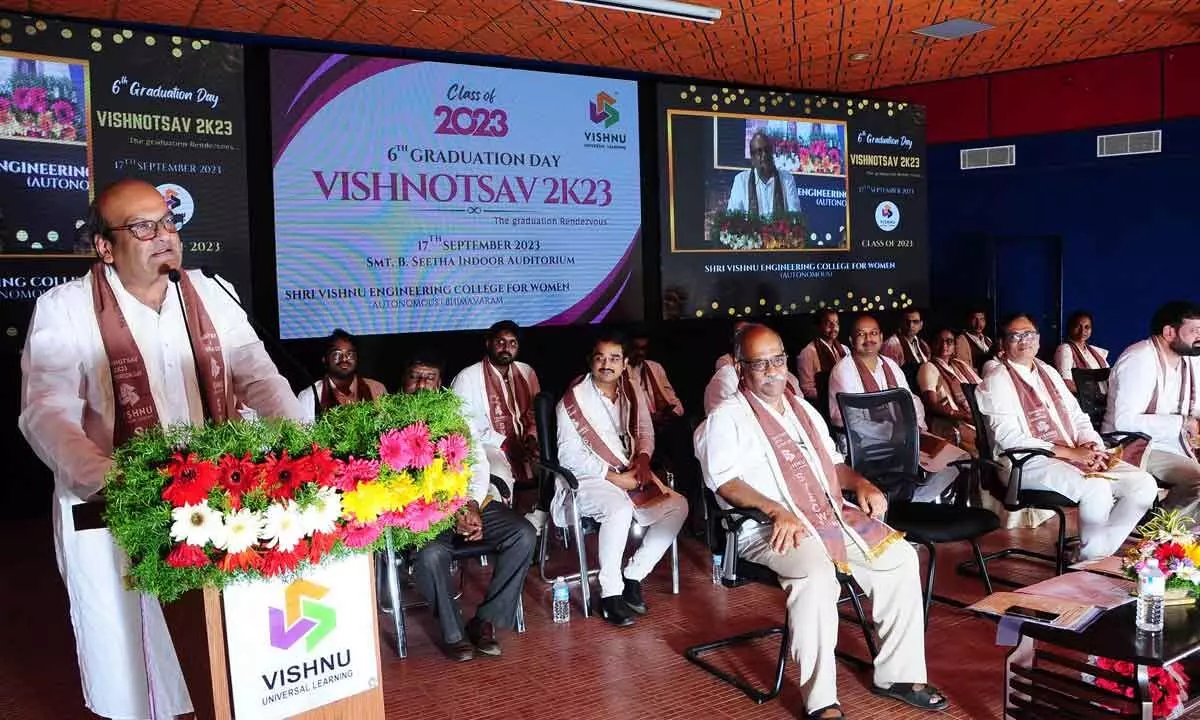 Sri Vishnu Educational Society Chairman KV Vishnu Raju addressing the students at 6th Graduation Day at college campus in Bhimavaram on Sunday