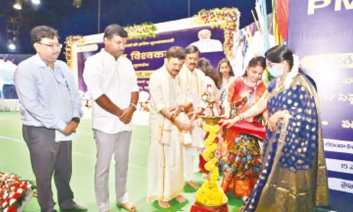 Union Minister Devusinh Chauhan, IT Minister Gudivada Amarnath, MP GVL Narasimha Rao and Divisional Railway Manager Saurabh Prasad, at the inaugural of the PM Vishwakarma Yojana scheme launched in Visakhapatnam on Sunday