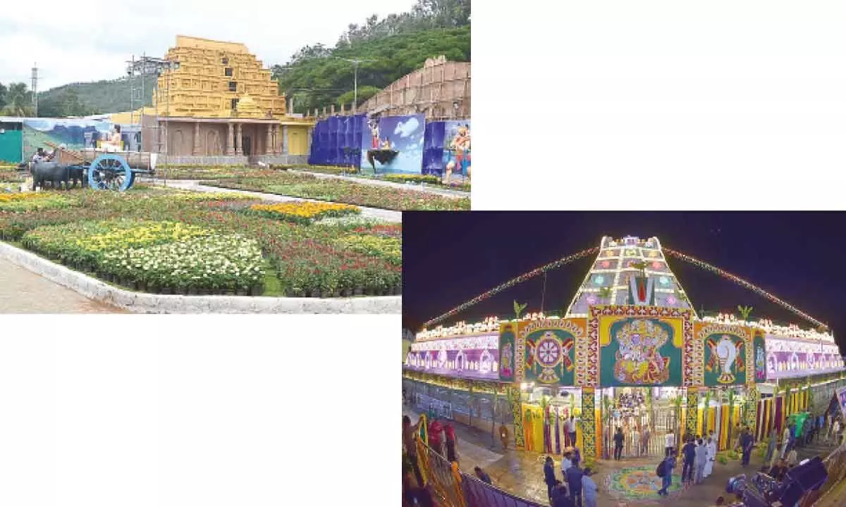 A replica of Ananta Padmanabha Swamy temple put up in Kalyana Vedika at Tirumala on the occasion of Srivari Brahmotsavams; Tirumala temple glowing in colorful electrical illumination for the annual Brahmotsasvams