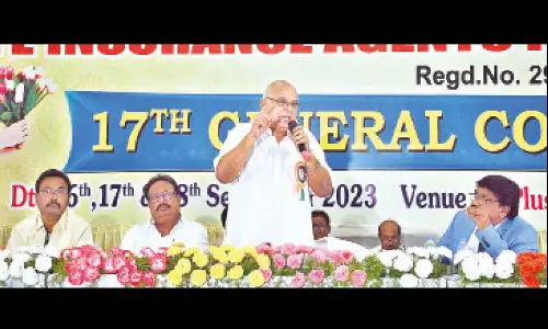Life Insurance Agents Federation of India All India general secretary N Gajapathi Rao addressing 17th general council meeting at a private function hall in Vijayawada on Sunday. Photo: Ch Venkata Mastan