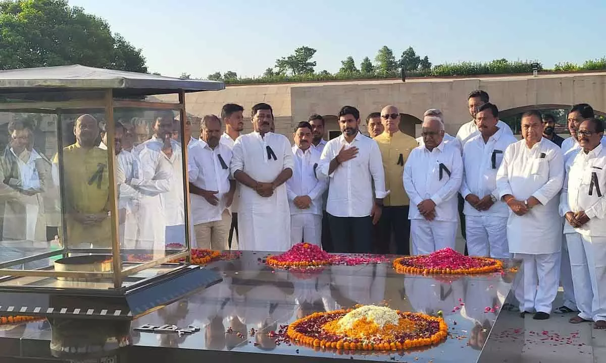 Nara Lokesh along with TDP MPs stage protest at Rajghat in Dehi