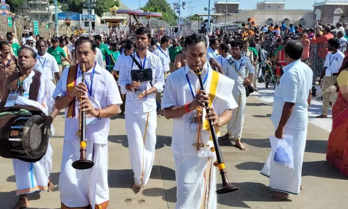 Kasim-Babu brothers performing Nadaswaram during Chinna Sesha Vahana Seva held in Tirumala on Tuesday