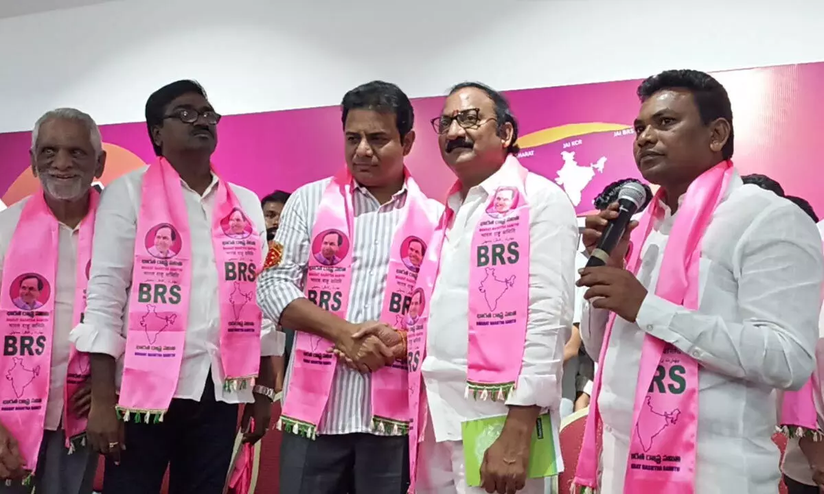 Former BJP Kothagudem district president Koneru Chinni joining BRS in presence of Ministers K T Rama Rao and Puvvada Ajay Kumar in Hyderabad on Tuesday