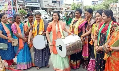 BJP Mahila Morcha leaders celebrating in Karimnagar on Tuesaday