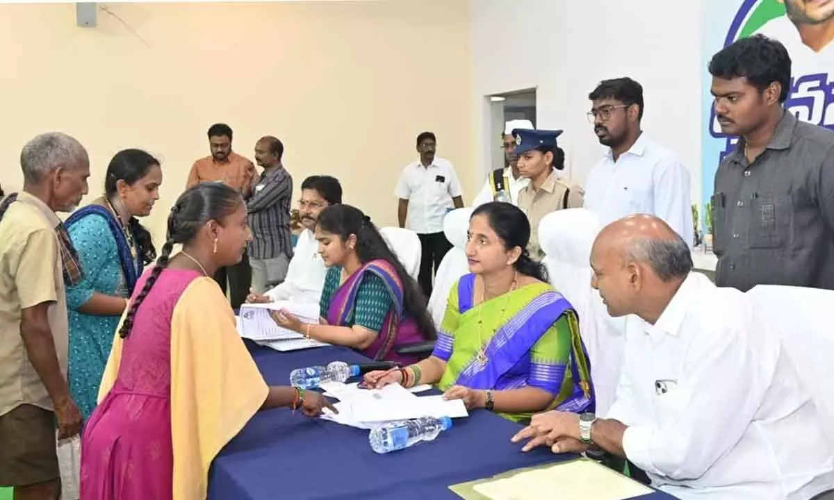 District Collector Dr K Madhavi Latha receiving petitions from people during Jaganannaku Chebudam programme at Anaparthi on Wednesday