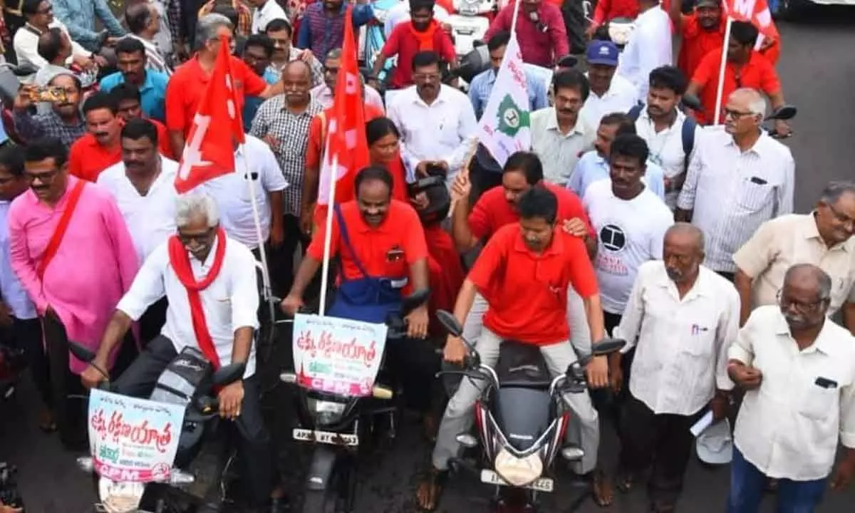 The CPM leaders launching a bike rally in Visakhapatnam on Wednesday