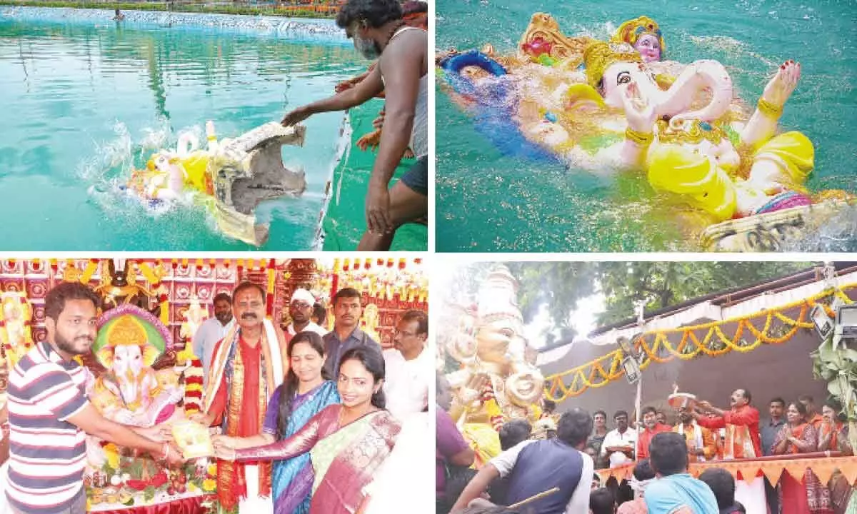 Ganesh idols being immersed in Vinayaka Sagar in Tirupati on Wednesday