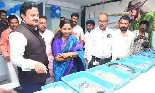 District Collector K Venkataramana Reddy, Mayor Dr R Sirisha and others looking at the fish varieties at the Fish Andhra lounge in Tirupati on Wednesday