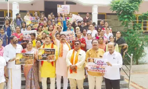 BJP leaders G Bhanu Prakash Reddy, Samanchi Srinivas, Dr D Srihari Rao, Chandrappa and others participating in ‘Thank you Modi Ji’ programme in Tirupati on Wednesday.