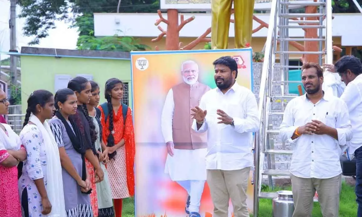 BJP leader Namburi Ramalingeswara Rao speaking about the women’s reservation bill in  Sathupalli on Friday