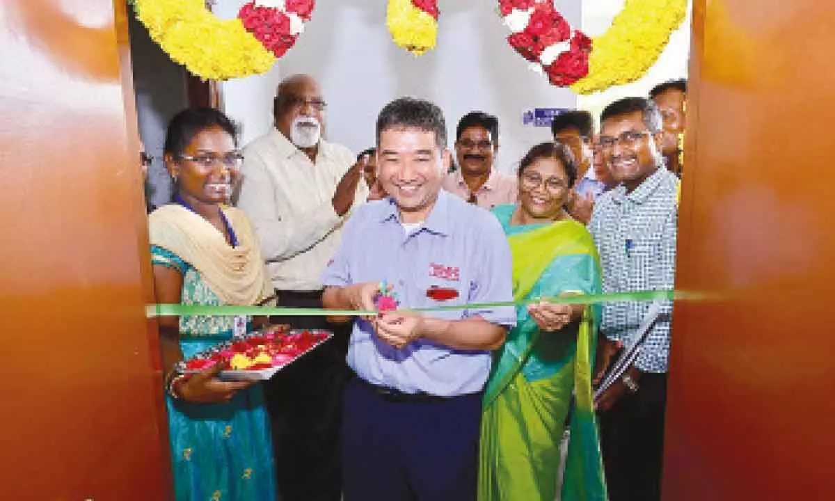 Deputy MD of THK India Makoto Sado inaugurating the computer lab at Vikrama Simhapuri University in Nellore on Friday. V-C Prof G Sundaravalli is also seen.