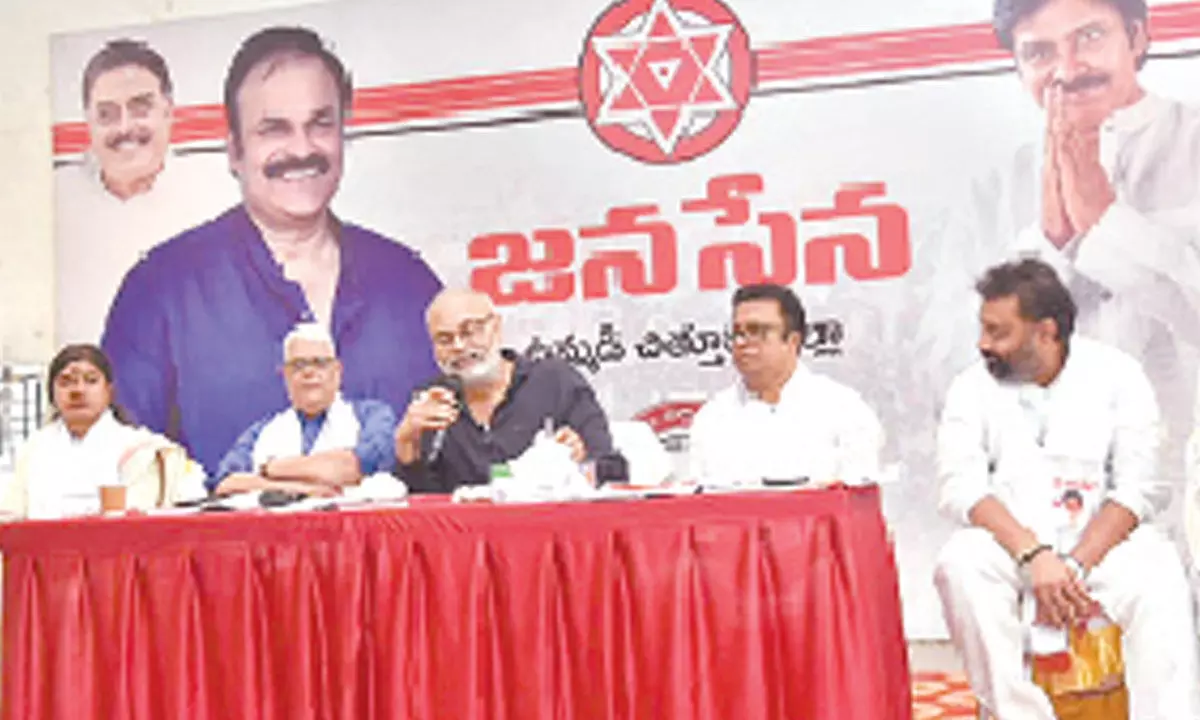 Jana Sena party general secretary Naga Babu addressing the party cadres in Tirupati on Saturday. Party leaders Dr P Hariprasad, Kiran Royal, Raja Reddy and others are seen.