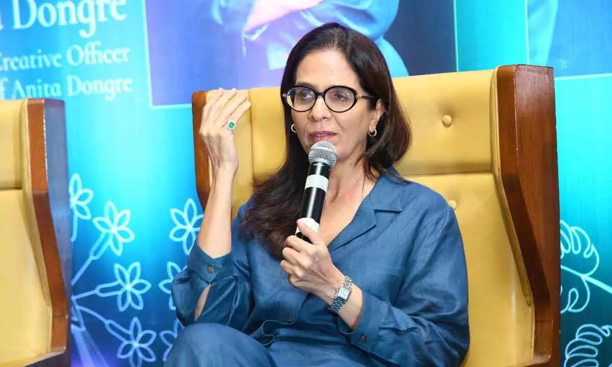 Anita Dongre addressing the gathering at the Concious Conversations intercative session hosted by YFLO Hyderabad Chapter