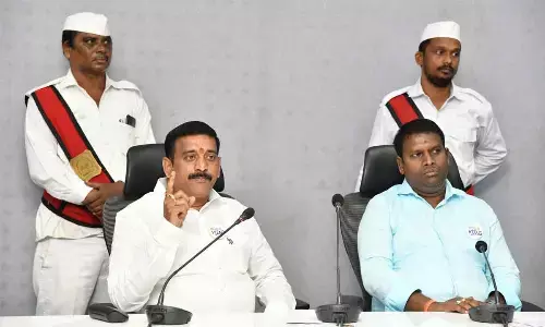 Deputy Mayors Jiyyani Sridhar and K Satish addressing the media in Visakhapatnam on Friday