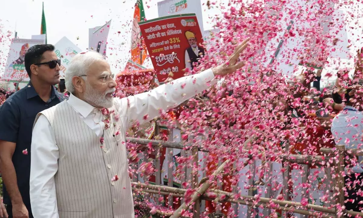 PM Modi welcomed by BJP Mahila Morcha cadre at Jaipur rally venue, days after passage of womens reservation bill