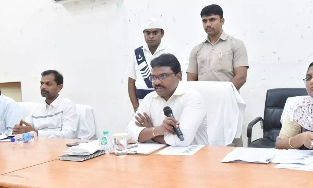 Krishna district Collector P Rajababu conducting a review meeting with the education department officials and HMs in Machilipatnam on Monday