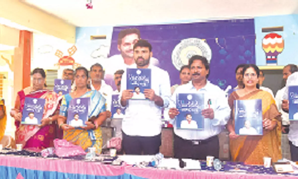 TUDA Chairman Chevireddy Mohith Reddy releasing Arogya Suraksha brochures along with DM&HO Dr U Sreehari, village and ward secretariats district officer Suseela Devi and others at a health camp at C Mallavaram on Tuesday