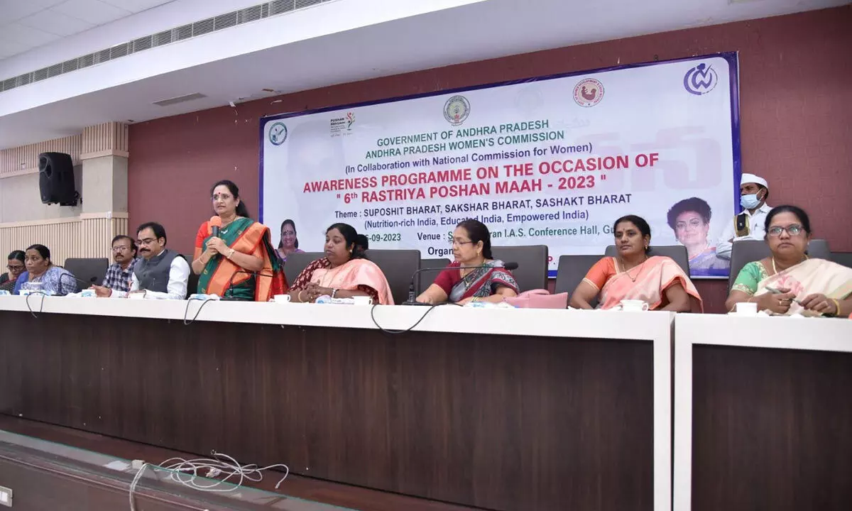 AP Mahila Commission Chairperson Vasiredy Padma addressing the sixth Rashtriya Poshan Maah meeting in Guntur on Tuesday. ZP Chairperson Heny Christina and Collector M Venugopal Reddy are also seen