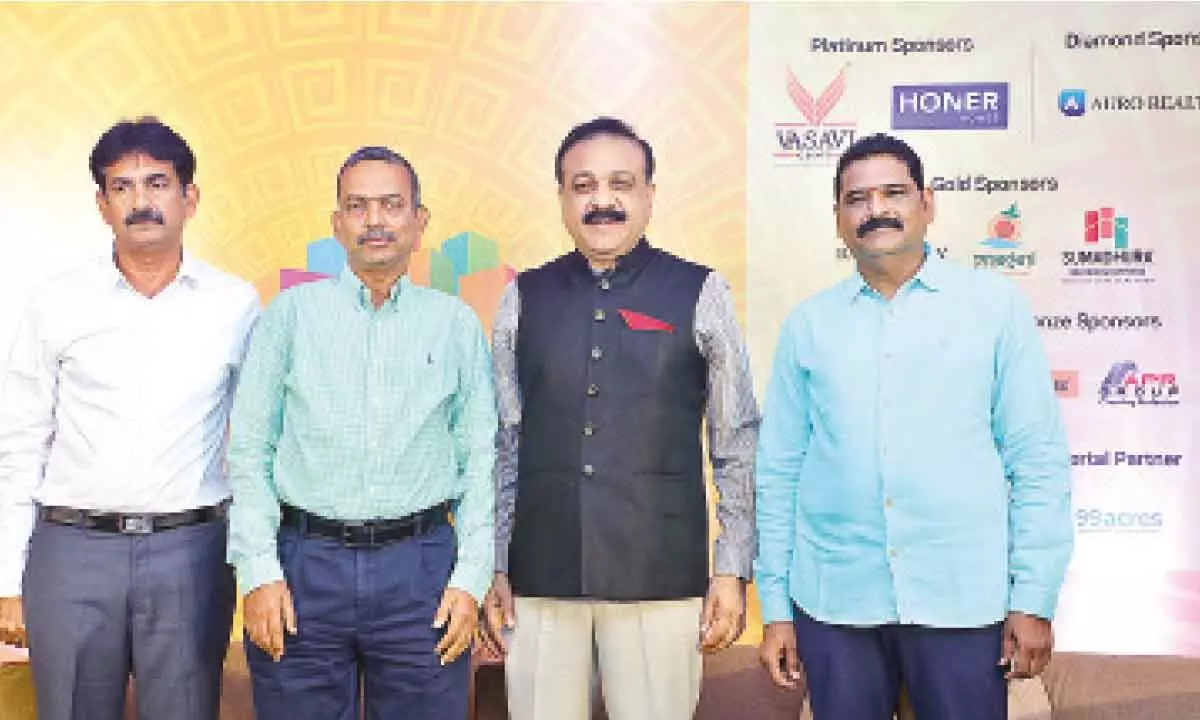 NAREDCO Telangana Secretary General Vijaya Sai Meka, President B Sunil Chandra Reddy, Executive Vice President K Sreedhar Reddy announcing property show details in Hyderabad on Tuesday
