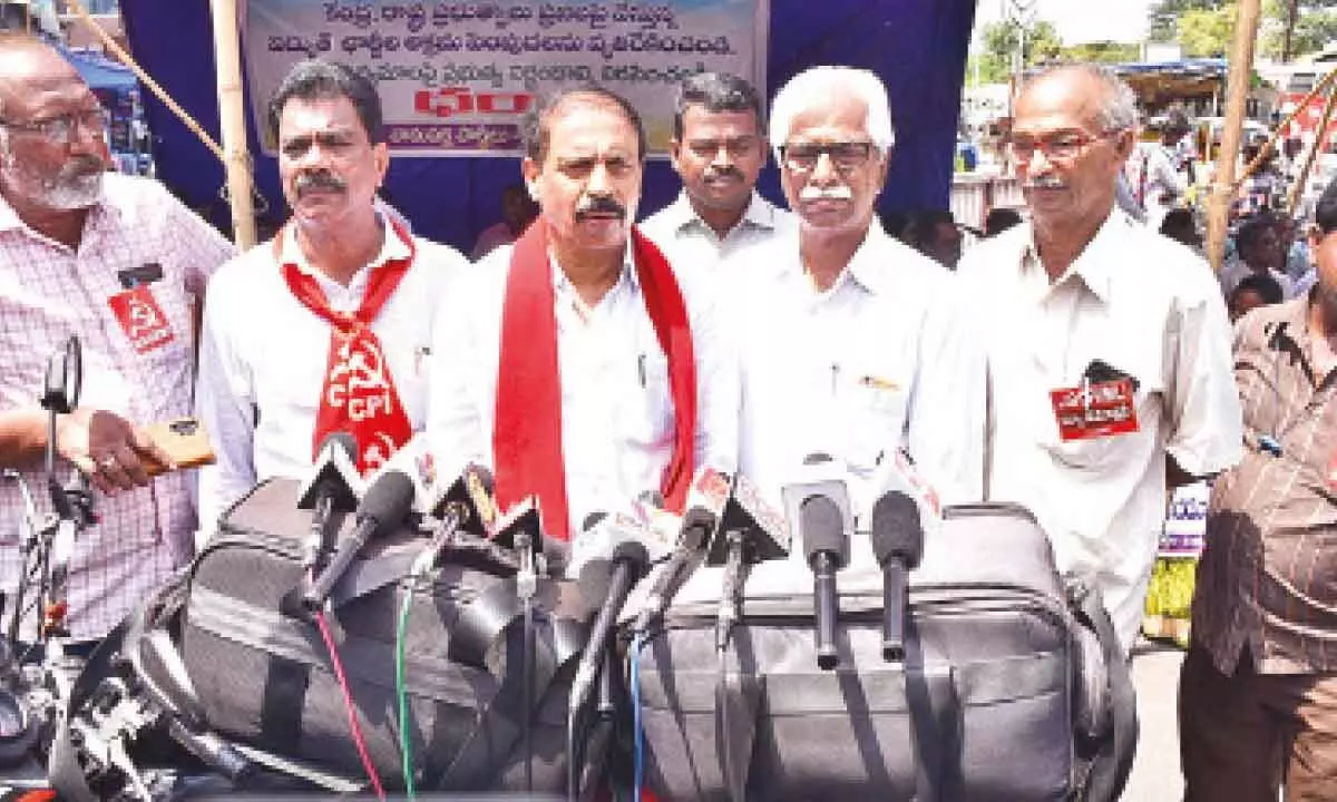 CPI State secretary K Ramakrishna addressing the media in Vijayawada on Wednesday