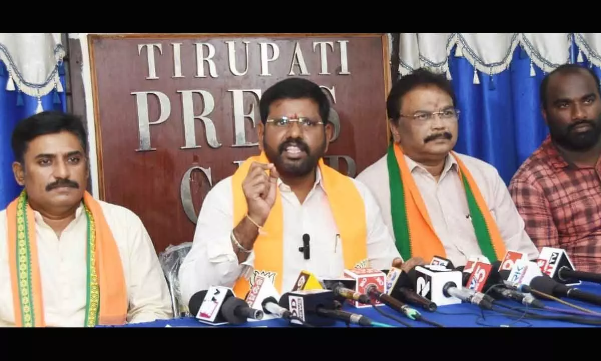 BJP state spokesperson Samanchi Srinivas speaking to the media in Tirupati on Wednesday