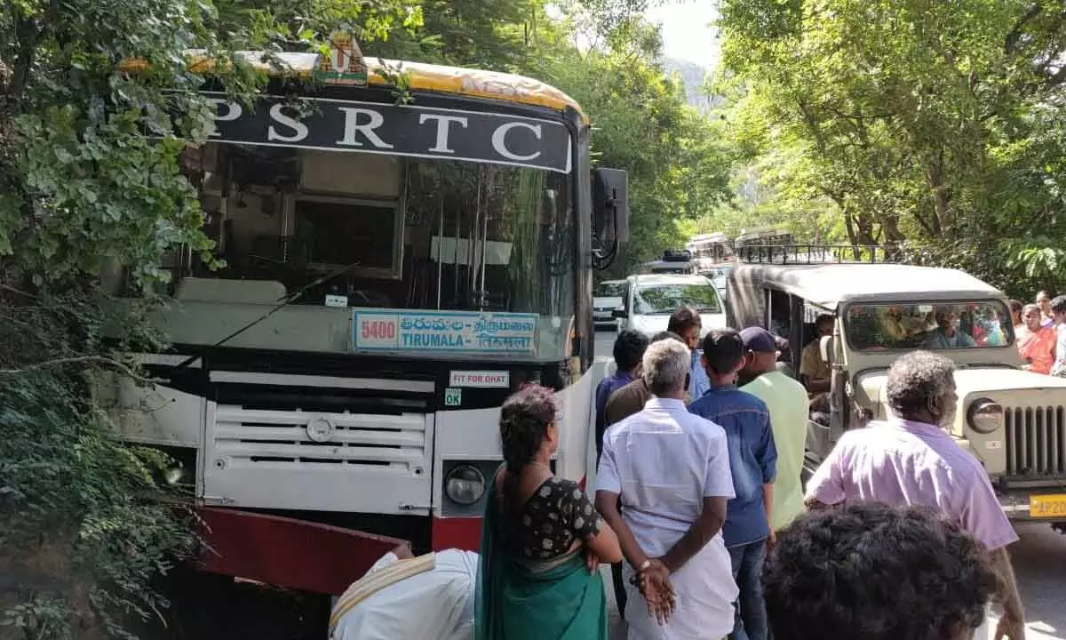 Tirumala: RTC bus hit the hill on ghat road