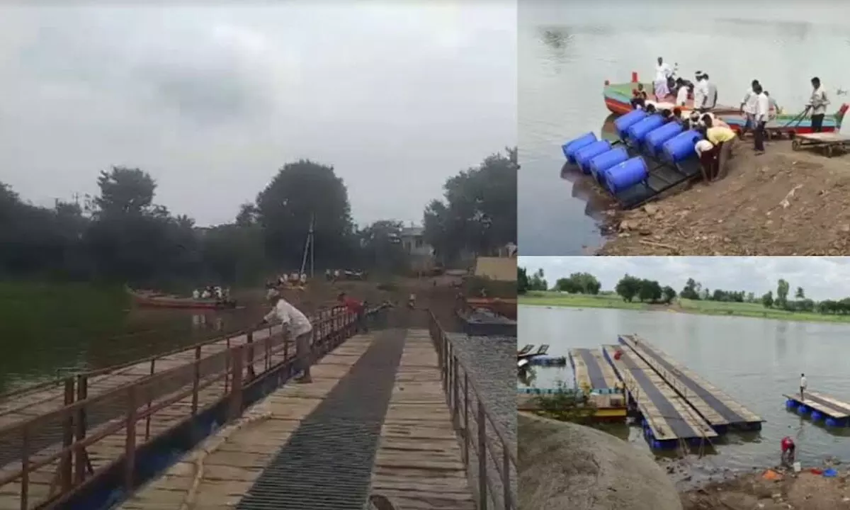 Farmers in Bagalakote District Construct Barrel Bridge Across Krishna River