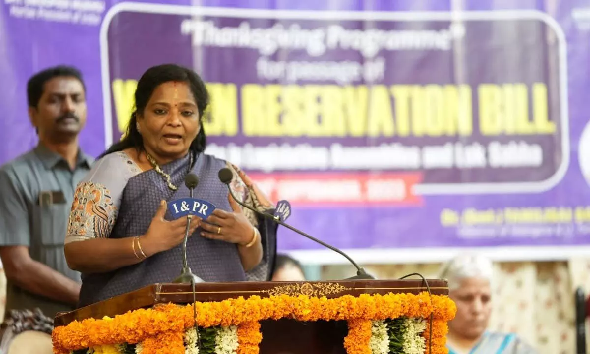Governor Tamilisai Soundararajan speaking at the Women’s Conclave on “Thanksgiving to Prime Minister Narendra Modi for passage of the Women Reservation bill”, at Raj Bhavan in Hyderabad on Saturday.                  Photo: Adula Krishna