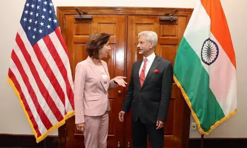 External Affairs Minister S Jaishankar during a meeting with United States Secretary of Commerce Gina Raimondo, in Washington on Saturday
