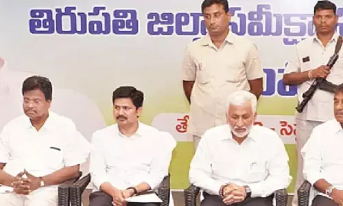 YSRCP senior leader V Vijayasai Reddy, district president N Ramkumar Reddy, MP Dr M Gurumoorthy and others at the party review meeting in Tirupati on Saturday.