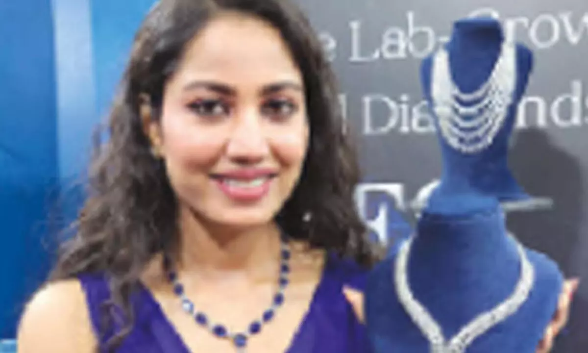 Chandana Jayaram, a model, flaunting a lab grown  diamond necklace