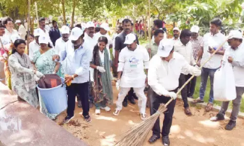 District Collector K Venkataramana Reddy, Municipal Commissioner D Haritha, Mayor Dr R Sirisha and others taking part in Swachhata Hi Seva programme in Tirupati on Sunday.