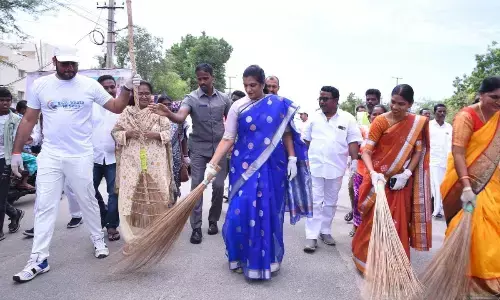District Collector M Gautami and joint collector Kethan Garg participating in clean and green drive to mark the Mahatma Gandhi’s birth anniversary in Anantapur on Monday