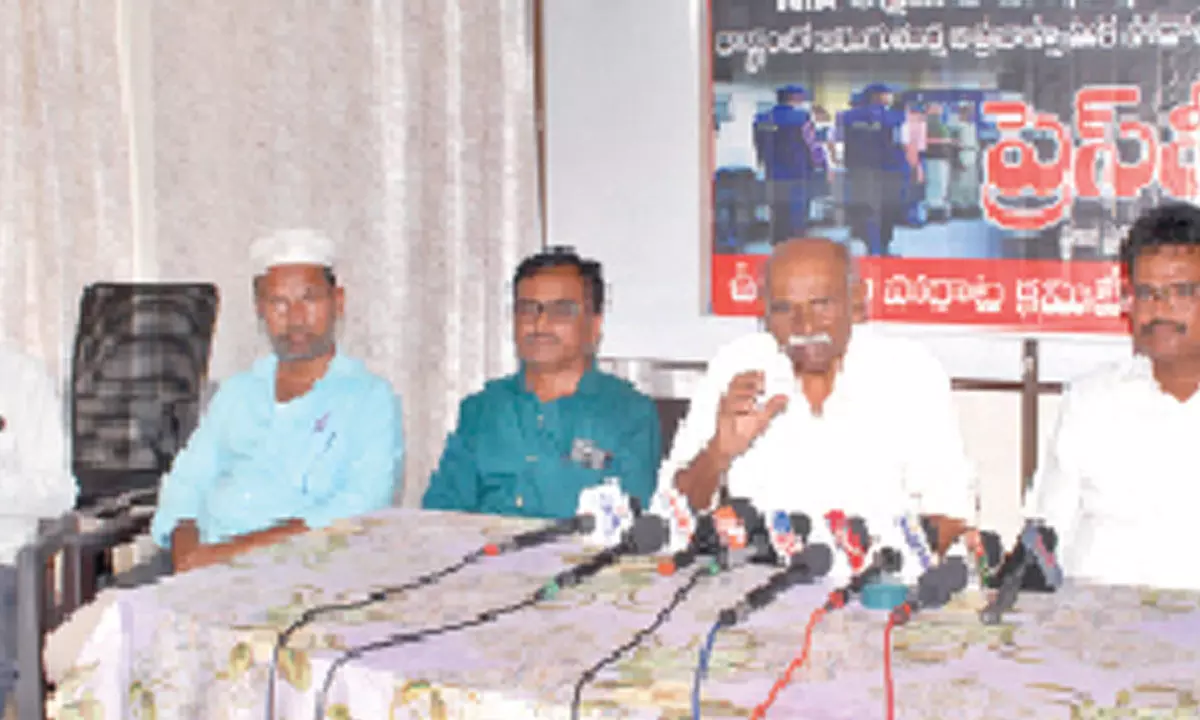 Virasam leader G Kalyana Rao speaking at a press meeting in Ongole on Tuesday