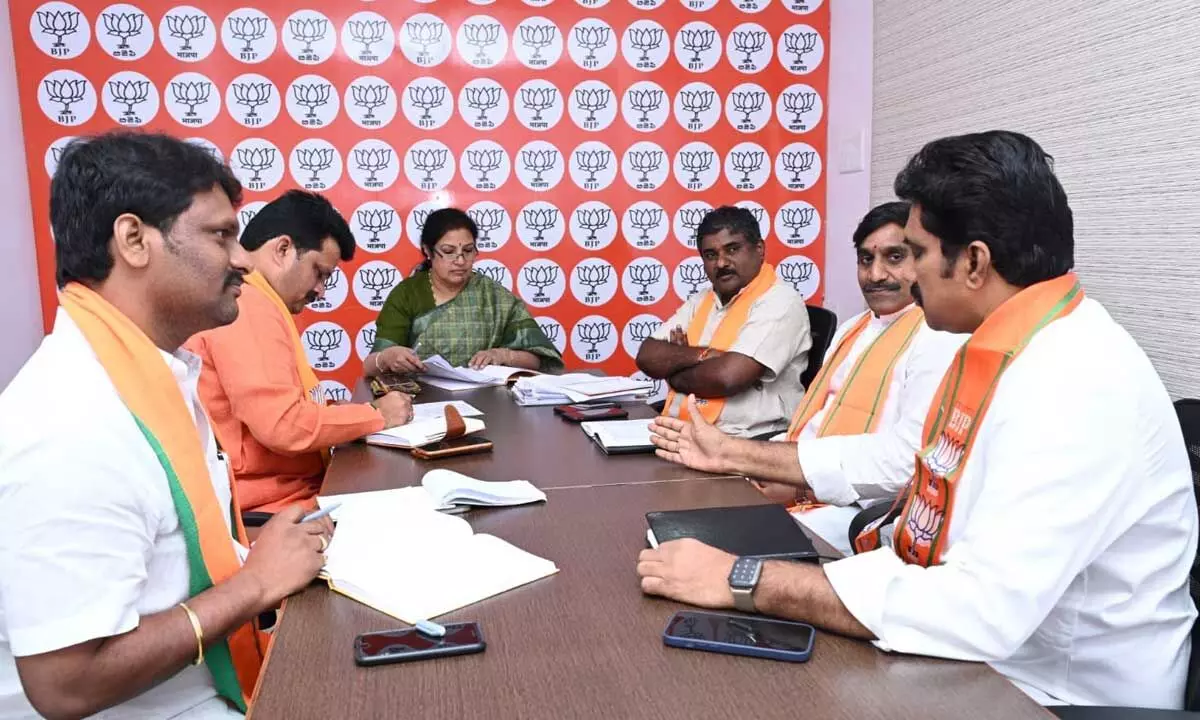 BJP state president Daggubati Purandeswari holding a meeting of party core committee in Vijayawada on Tuesday