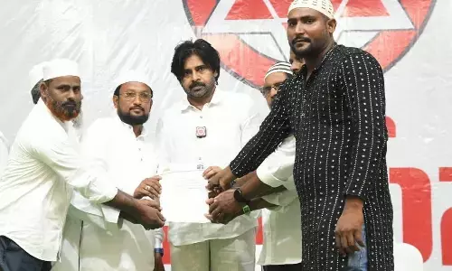 JSP president Pawan Kalyan receiving petitions from Muslims  as part of his Jana Vani-Jana Sena programme in Machilipatnam on Tuesday