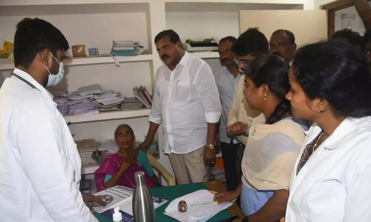 Minister Botcha Satyanarayana visiting Jagananna Aarogya Suraksha medical camp in Bondapalli (Vizianagaram) on Saturday